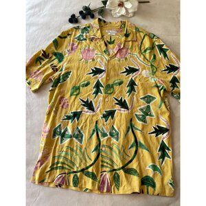 Zara Mens Yellow Hawaiian Shirt Art-Inspired Print Regular Fit Linen Medium